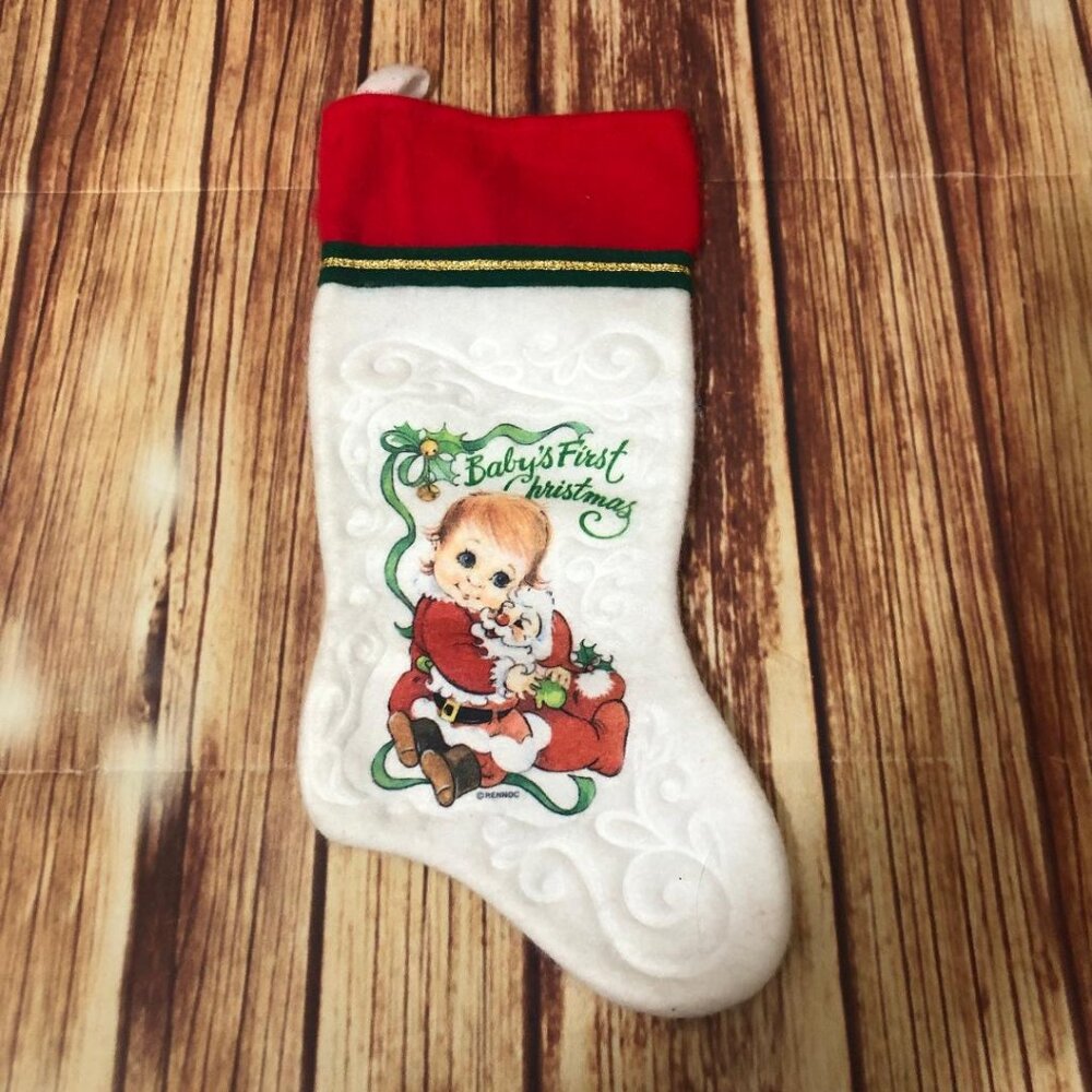 Vintage Felt Baby's First Rennoc Christmas Stocking Decoration Child Hugs Santa